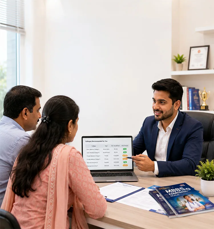 MBBS admission consultant discussing medical college options with parents