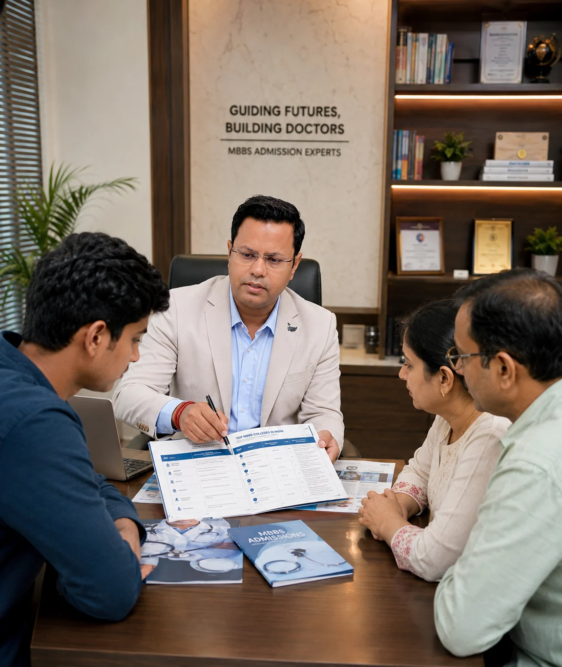 MBBS admission consultant guiding a NEET student and parents in India