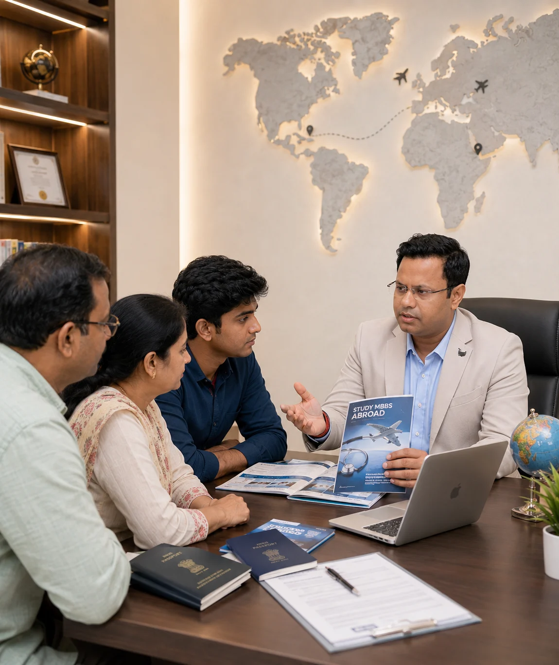 MBBS abroad admission consultant guiding an Indian student and parents